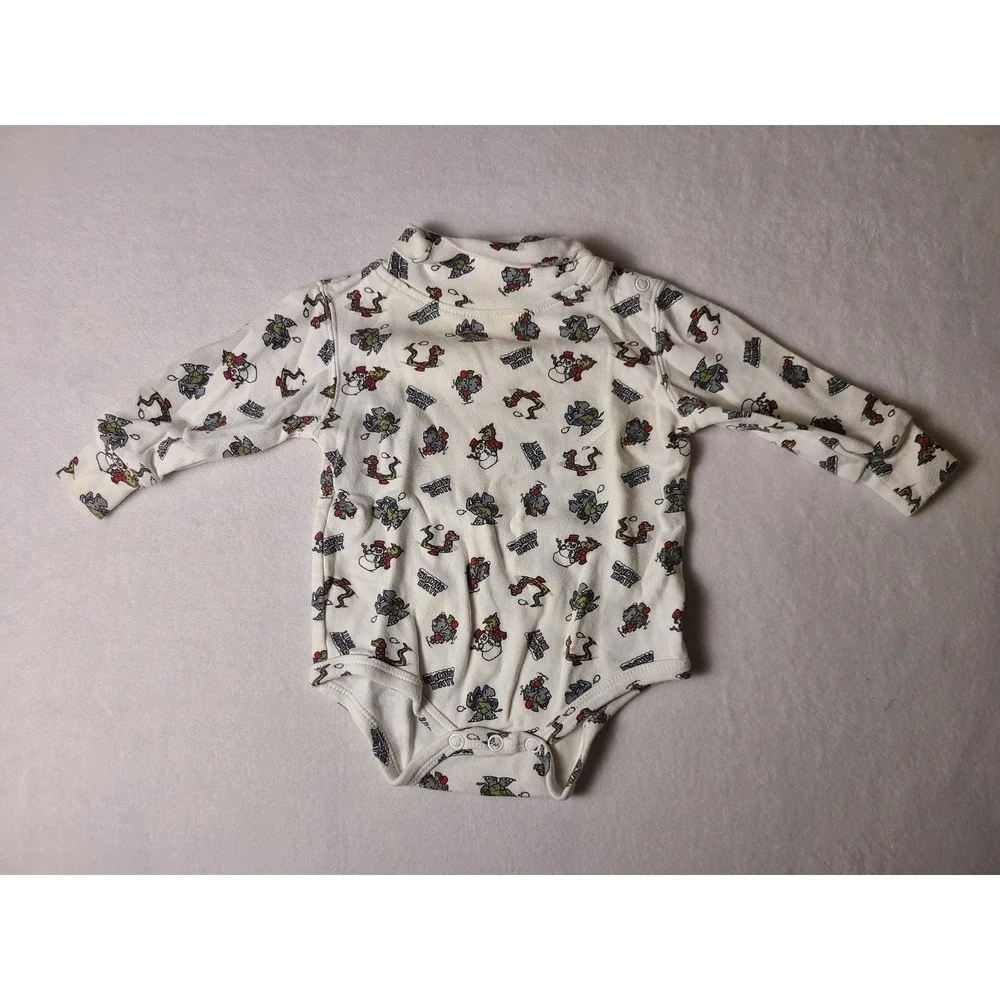 VTG Y2K Simply Basic Bodysuit Baby 6-9M White Snowy Day Mock Neck Christmas 90s